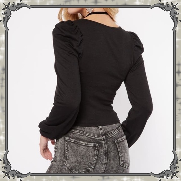 Ruched Cropped Blouse Top Tie String Front Long Billowy Sleeve Cinched Shirt Tee - Picture 2 of 3